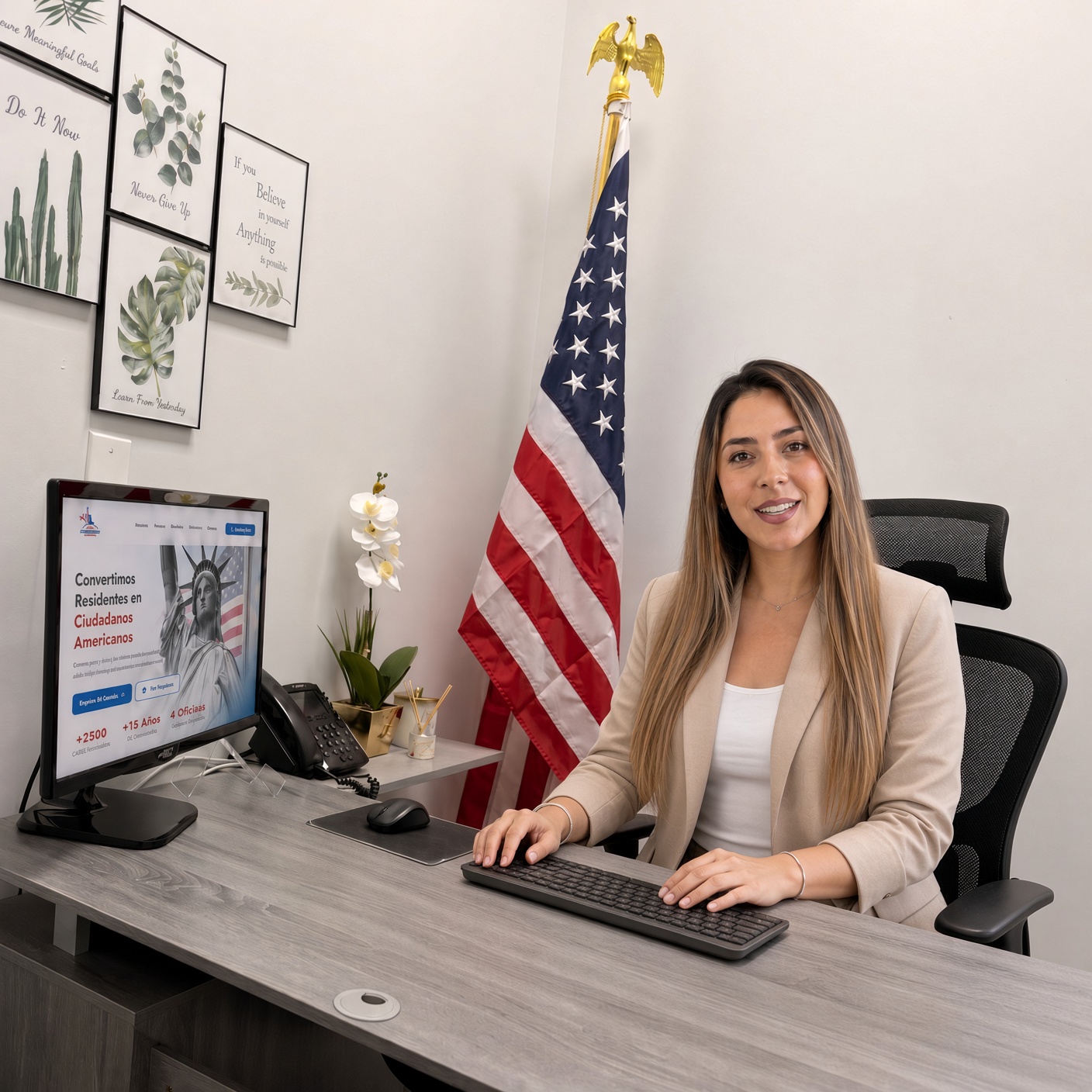 Oficina de Somos Ciudadanos Foundation con recepcionista, bandera de EE. UU. y logo en pantalla